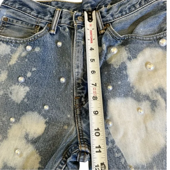 Levi’s Cutoff Reworked Denim Shorts | Y2K Design Pearl Studs Bleach Splatter - Picture 7 of 8